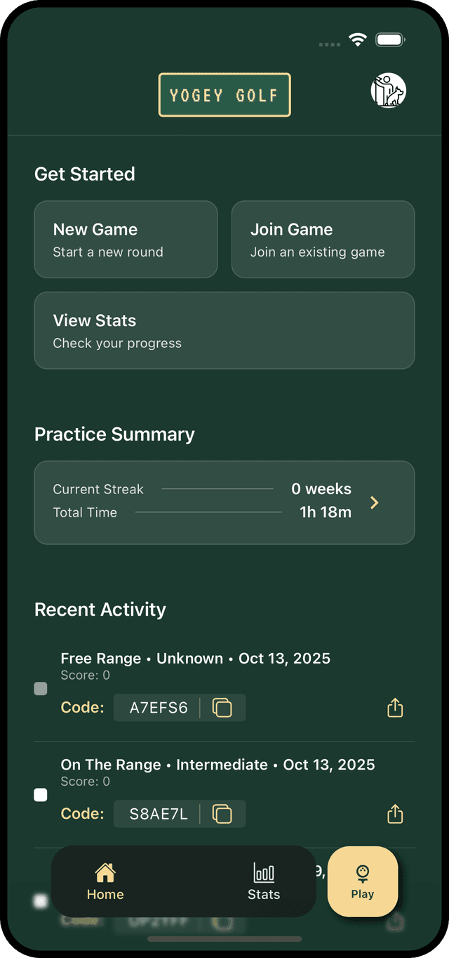 Yogey Golf App Interface