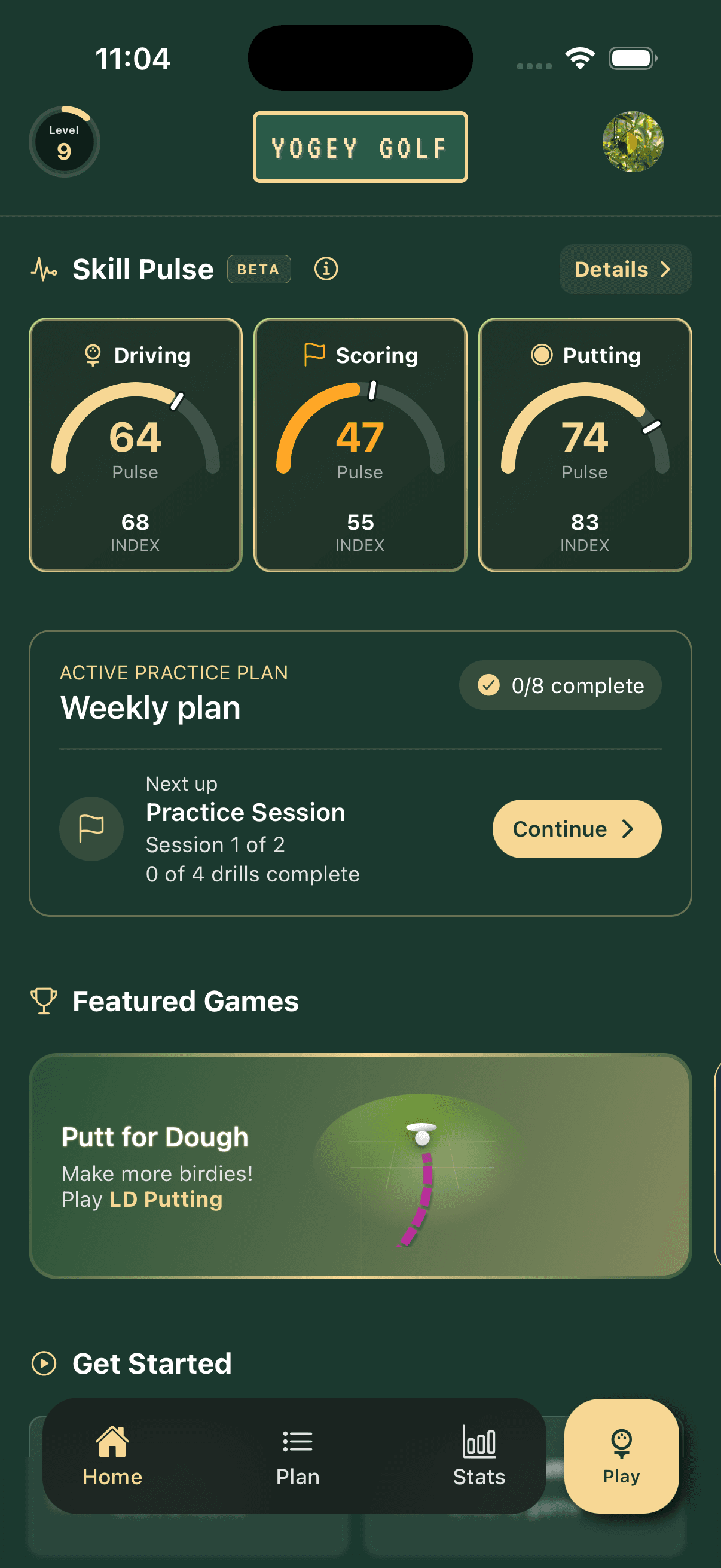 Yogey Golf home screen with Skill Pulse and an active practice plan